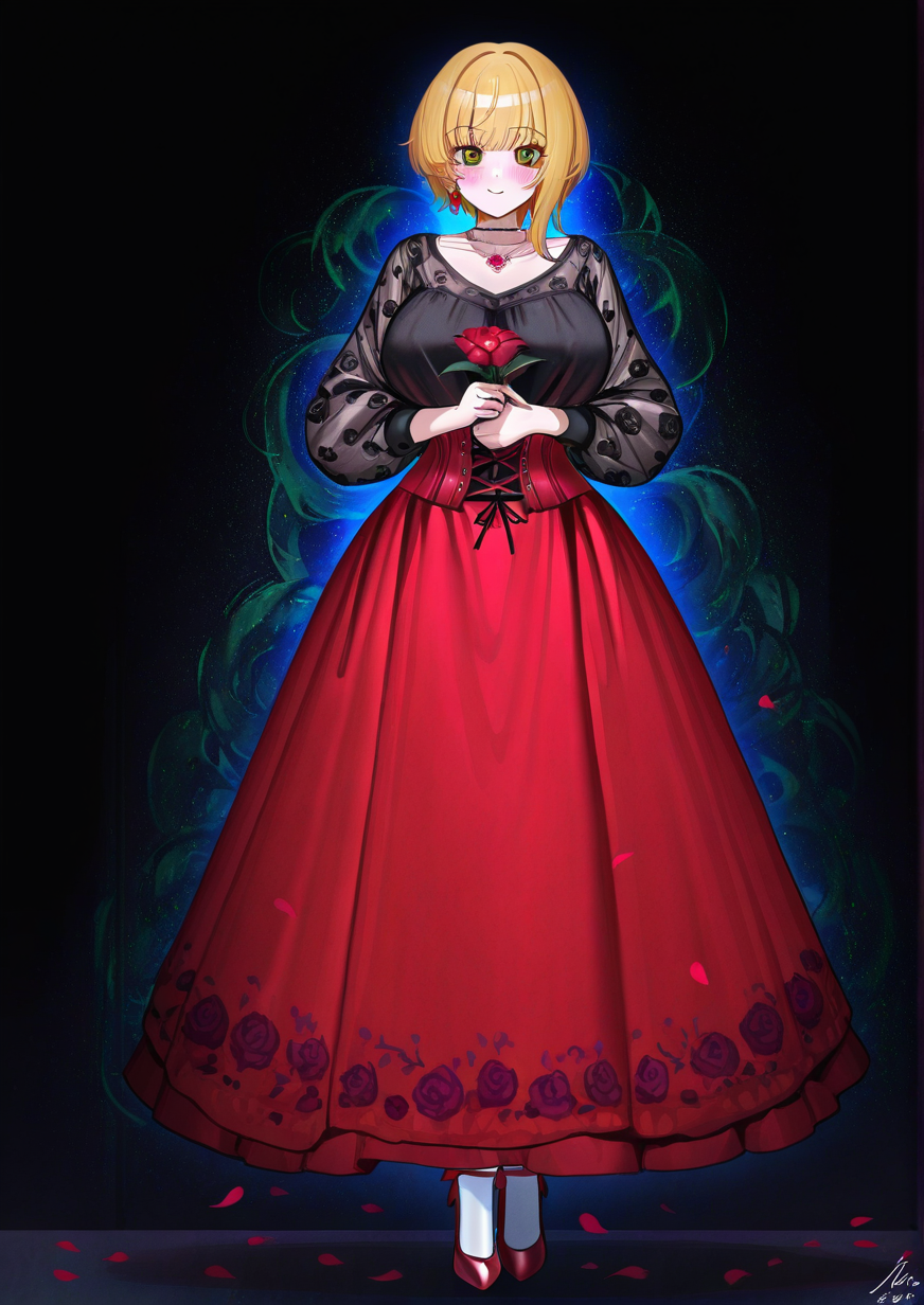 <lora:ArtsJeze:1>,1girl, miyamoto frederica, detailed background, huge breasts, wide hips, asymmetrical hair, black background, black shirt, blonde hair, blouse, blush, brooch, corset, dated, earrings, floral background, floral print, flower, flower earrings, full body, green eyes, high heels, holding, holding flower, jewelry, light smile, long skirt, long sleeves, looking at viewer, petals, red footwear, red skirt, ribbon, shirt, short hair, signature, skirt, solo, white legwear, 
very awa, masterpiece, best quality, highres, absurdes,amazing quality,year 2024,newest