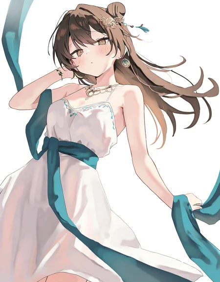 1girl,solo,mogaoku,long hair,hair ornament,bare shoulders,jewelry,brown hair,dress,brown eyes,hair bun,<lora:mogaoku-000010:1>,cowboy shot,simple background,white background,, masterpiece, best quality, very aesthetic, absurdres,newest, incredibly absurdres,, toshizou \(0714\)