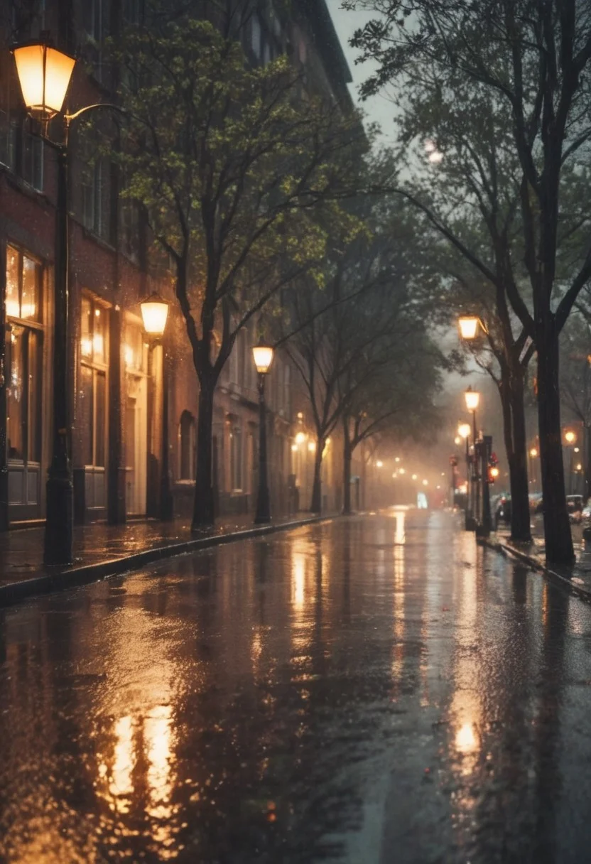A photograph of the wet street reflecting lights, taken during the night with an overcast sky and a focus on raindrops creating patterns in puddles. The street is lined with trees and buildings, with warm lighting from lanterns adding to its cozy ambiance. This scene evokes feelings of calmness and serenity, as it captures the beauty of rainy weather at dusk