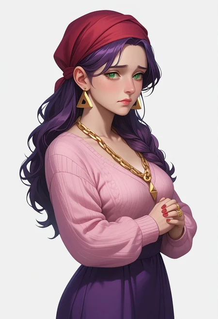 score_9, score_8_up, score_7_up, score_6_up, CasGAC, masterpiece, best quality, detailed eyes, detailed face, perfect eyes, high detailed, absurdres, highres, BREAK 1girl, woman, mature, elderly, gypsy, solo, sad, upset, closed mouth, medium breasts, makeup, BREAK gold triangle earrings with green gemstone, big green bright shine stone on chest with gold chain, (silver ring on left hand), BREAK ((black long hair)), green eyes, red manicure, purple bandage on the hips, violet long skirt, pink sweater with v-neck, red headband on head, BREAK hands together, hands up, looking at right, standing, side view, cowboy shot, BREAK simple background, white background