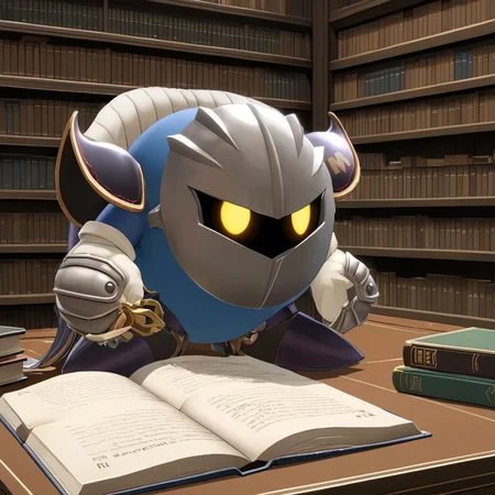 MetaknightXL, yellow eyes, glasses, reading book, library <lora:MetaknightXL:1>,, (anime, masterpiece, intricate:1.3), (best quality, hires textures, high detail:1.2), (4k),(incredibly detailed:1.4),UHD, 8K, ultra detailed