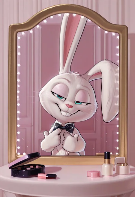 masterpiece, amazing quality, absurdres, ultra-detailed, detailed fluffy fur, no humans, furry male, solo, short, alec_azam, 1boy, white fur, blue eyes, whiskers, buck teeth, grin, teeth, rabbit tail, long ears, (droopy ears:1.1), unaligned ears, smug, half-closed eyes, eyelids, oversized bowtie, black bowtie, sequined bowtie, glitter bowtie, detached collar, adjusting bowtie, hands up, head tilt, fluffy, body fur, fewer digits, 4 fingers, looking at viewer, big head, upper body, 
BREAK
looking at mirror, indoors, vanity table, cosmetics, hollywood mirror, mirror lights, cosmetics, shadow, light particles, detailed shading, WaiIL25PosC