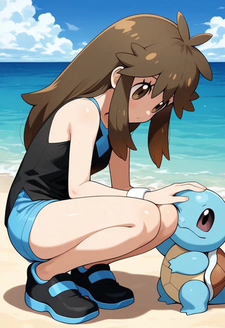 2d, masterpiece, best quality, amazing quality, 1girl, solo, from side, squatting, petting, squirtle \(pokemon\), beach, day, sea, clouds, lgpegreen, green \(pokemon\), brown eyes, eyelashes, long hair, bangs, brown hair, sidelocks, black shirt, sleeveless shirt, blue shorts, short shorts, shoes, black footwear, bare legs