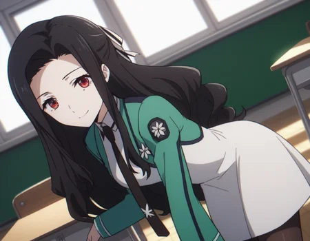 score_9, score_8_up, score_7_up, source_anime,
mayumisaegusa, <lora:mayumi-saegusa-s2-ponyxl-lora-nochekaiser:1>,
mayumi saegusa, long hair, black hair, red eyes, ribbon, hair ribbon,
long sleeves, dress, school uniform, pantyhose, necktie, white dress, black necktie,
indoors, classroom, bent over, smile,
solo, dutch angle, looking at viewer, cowboy shot,