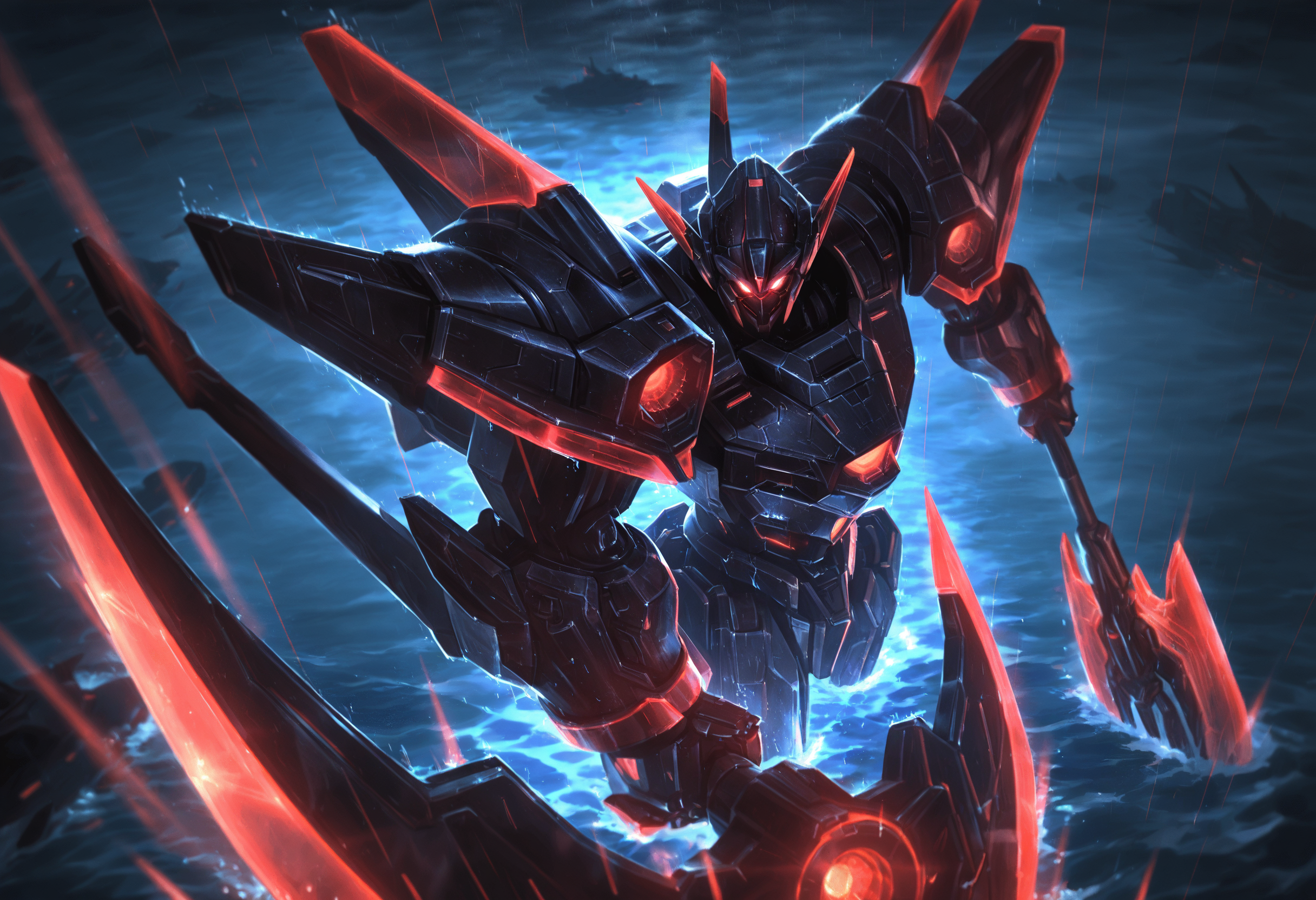 lolart, cloud, cloudy sky, dark, glowing eyes, holding axe, holding weapon, looking at viewer, mecha, night, no humans, ocean, outdoors, polearm, rain, red eyes, robot, science fiction, solo, sword, water <lora:lolart-ill11-v5.1:0.8000000000000002>