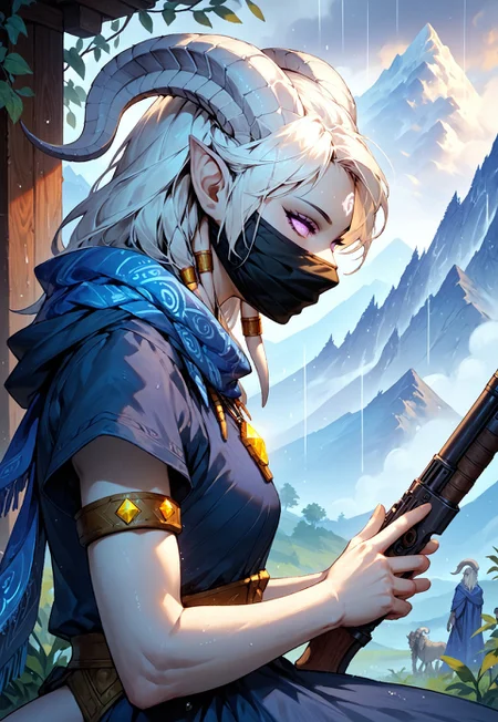 masterpiece, score_9, score_8_up, score_7_up, score_6_up, world of warcraft, fantasy,
(female, draenei, h0rns, ram horns, white horns, tall, athletic arms, pale white skin, long white hair, purple eyes, long white tail, joyous face, four fingers per hand, long fingers),
upper body, side view, resting, looking to the side,
(long loose blue dress, tail under dress, blue silk scarf, simple armlet, small yellow gem pendant, black facemask), GunMonk, shotgun,
depth of field, outdoor, mountain, stormy, raining, windy,
<lora:add-detail-xl:1.5>