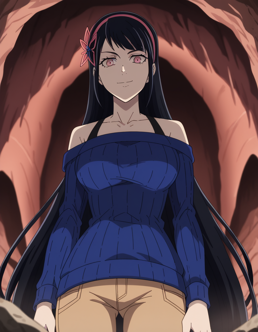 score_9, score_8_up, score_7_up, source_anime, <lora:yihwa-yeon-s2-ponyxl-lora-nochekaiser:1>, yihwa yeon, long hair, bangs, black hair, hair ornament, pink eyes, very long hair, hairband, large breasts,, long sleeves, bare shoulders, collarbone, off shoulder, sweater, butterfly hair ornament, off-shoulder sweater, cave, darkness, rocks, underground, stalactites, smile, from below, looking at viewer, solo,, dutch angle, cowboy shot