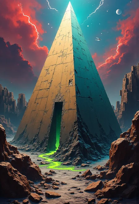 Abstract expressionist-surrealist-futurist fusion of "absolute power corrupts absolutely," without human figures. In the foreground: a massive, crystalline pyramid, covered in shattered mirrors, warps reality as its blurred edges twist and distort. Tendrils of corruption, toxic neon green and oily black, seep from the base, infecting the landscape.
Background: a fluid, morphing cityscape of unstable buildings that twist and melt. The sky is a violent swirl of crimson and electric blue, streaked with tarnished gold.
At the center: a pulsating energy orb, representing power, absorbs everything around it. Laws, constitutions, and moral codes disintegrate as they’re drawn in, symbolizing their destruction.
Ethereal light from the orb casts prismatic shadows, bending and refracting off the pyramid’s mirrored surface, creating disorienting patterns.
Bold, chaotic brushstrokes capture the background, while precise geometric patterns define the pyramid. Drip painting technique brings visceral texture to the corruption tendrils.
The color palette mixes deep purples, toxic greens, electric blues, and tarnished golds, with flashes of warning red and sterile white for contrast.
Abstract symbols (currency, religious icons, flags) spiral into the orb, losing form and meaning, alongside shards of broken ideals and shattered dreams. Subtle representations of eroding ethics, twisted truths, and corrupted systems appear throughout, creating a visually striking, thought-provoking.