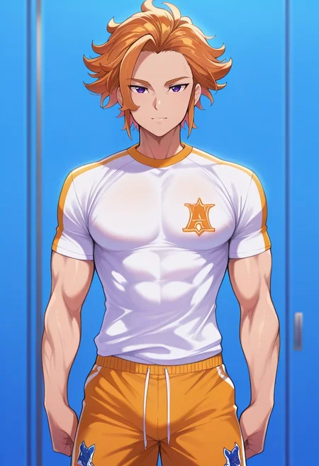 masterpiece, best quality, , , looking at viewer, 1boy, solo, male focus, <lora:arthur_pendragon_ilxl:0.92>, arthur_pendragon, orange hair, purple eyes, short hair, , Taffeta DustyRose Board shorts with print, Jersey Harlequin Muscle T-shirt, , ,