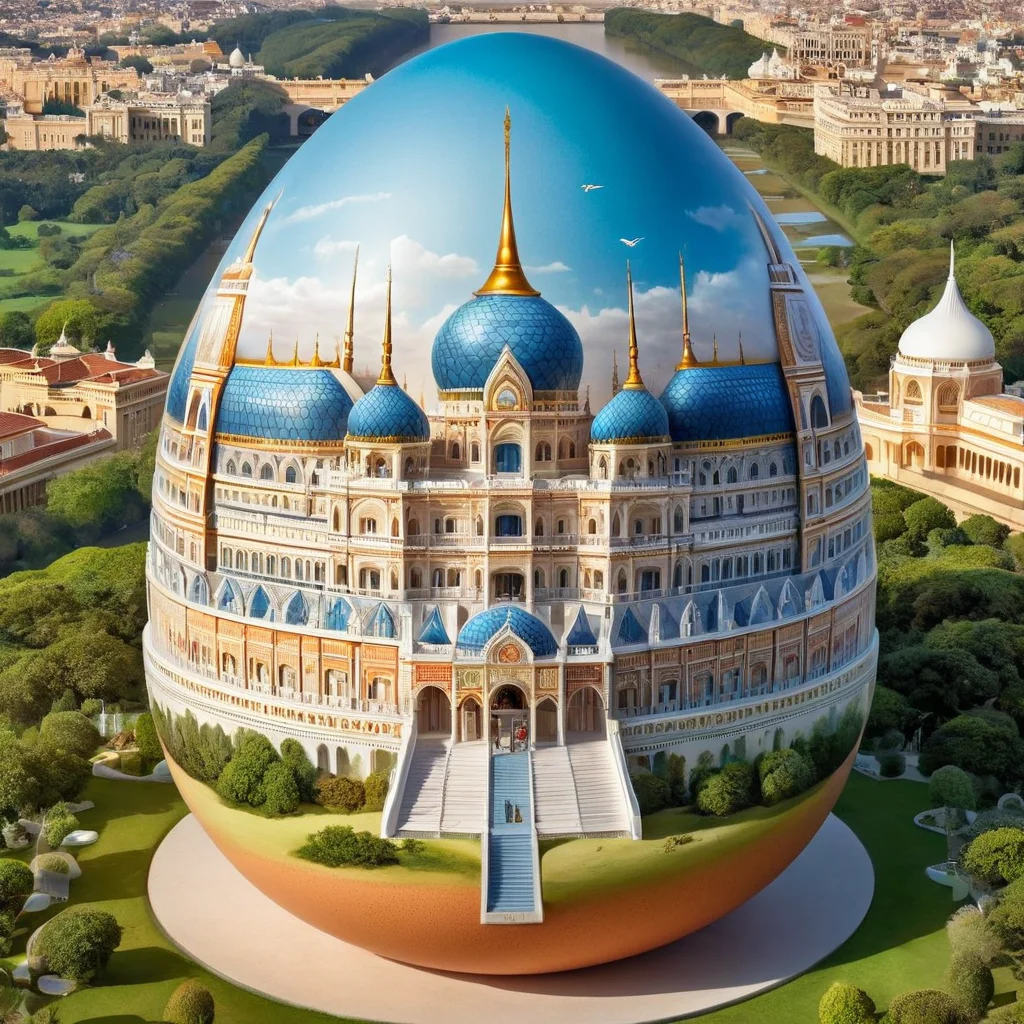 egg art of a magnificent palace nestled amidst breathtaking scenic beauty, architectural grandeur, with its intricate details, majestic domes, and towering spires, egg-art <lora:egg-art-000006:0.7>