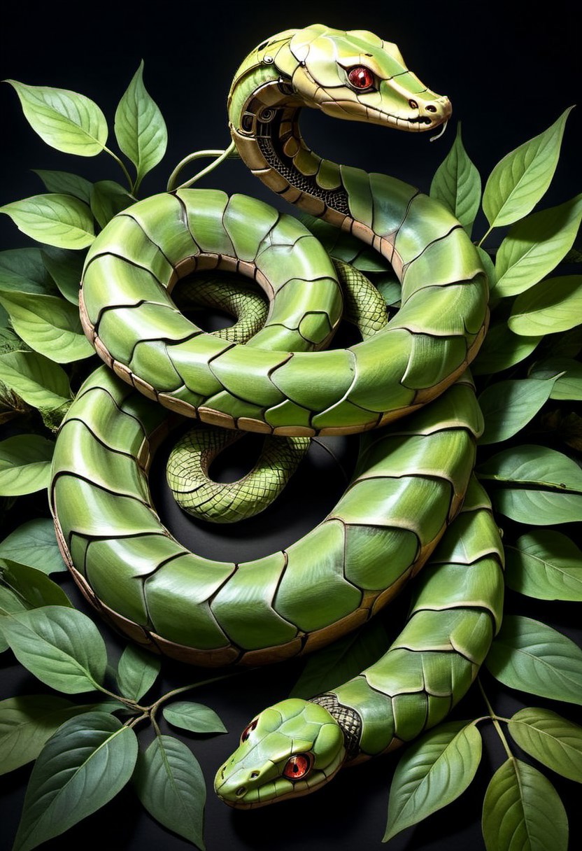 dark fantasy, slimy, unusual color, a mechanical snake( made out of iron) on a leaf, halo, glow, limited dark color palette, vividly detailed, microscopically detailed, (professional photo but beautiful:1.3), hyper realistic and highly, (best quality:1.5), highres, dramatic light, by Steve McCurry, by Rembrandt, (by Kerby Rosanes:1.4),,