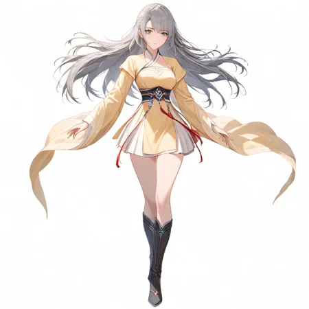 full shot, full body, white background, gorgeous lips,(masterpiece), (best quality), detailed eyes, detailed face, anime, hires textures, high detail, 1girl, solo, very long dark grey hair,straight hair, side bangs, medium breasts, perfect eyes, perfect hands, grey eyes,  8k, highest quality,(chinese clothes, white|yellow hanfu, hanfu, short skirt, taut sleeves, white short boots), expressionless, looking at the viewer,
Show less