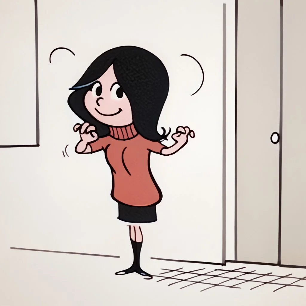 score_9, score_8_up, score_7_up BREAK Calcetinera, 1girl, black hair, black eyes, red turtleneck sweater, black skirt, black socks, flat white shoes, cute pose, cartoon, source_cartoon, solo, solo focus, happy,