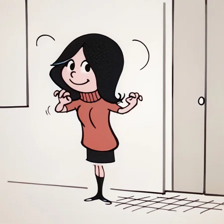 score_9, score_8_up, score_7_up BREAK Calcetinera, 1girl, black hair, black eyes, red turtleneck sweater, black skirt, black socks, flat white shoes, cute pose, cartoon, source_cartoon, solo, solo focus, happy,