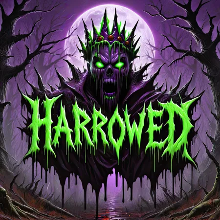 (HarroweD text logo), neon green, purple, spikey, splattered, dripping, blood, crown, fog, moon, trees
