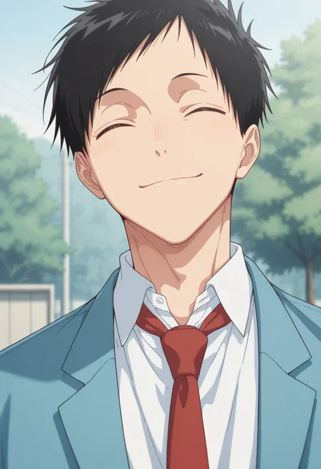 masterpiece,best quality,amazing quality,
taikinomata, 1boy, male focus, solo, closed eyes, black hair, short hair, school uniform, shirt, white shirt, collared shirt, necktie, red necktie, jacket, blazer, blue jacket, portrait, smile, outdoor, day