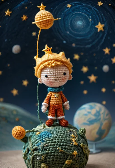 the little prince standing on small planet in starry sky, by saint exupery, crocheted style