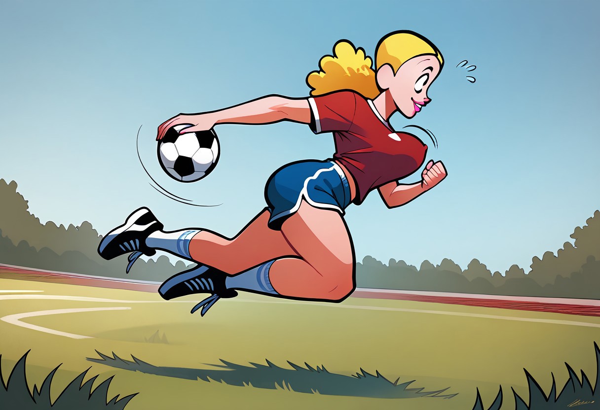 score_9, score_8_up, score_7_up BREAK solo, Palomita, 1girl, blonde hair, black eyes, pink lipstick, medium breasts, red t-shirt, blue dolphin shorts, white socks, bouncing breasts, side view, black sneakers, running, soccer ball, grass field, looking at soccer ball, smile, blue sky, flying sweatdrops, outdoors, medium hips, curvy, solo