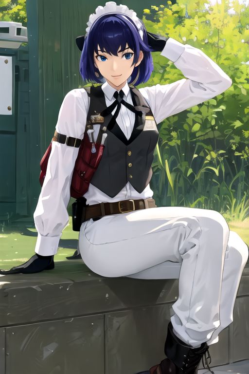 solo, 1girl, solo_focus, (((masterpiece))), ((best quality)), ((ultra-detailed)), ((too_many)):16, high resolution, absurdres, highres, ultra-detailed 8k unity wallpaper, 
kikunop3, maid headdress, vest, shirt, gloves, pants, boots, holster