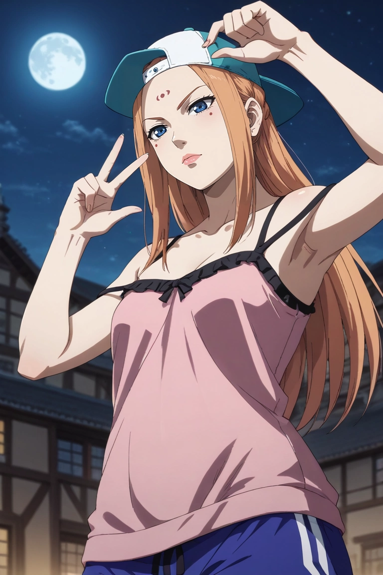 score_9, score_8_up, score_7_up, source_anime, rating_safe, intricate details, (photorealistic:0.6), , depth of field, 1girl, solo, <lora:yang_duanhe_pony:0.86>, yang_duanhe, orange hair, blue eyes, aged down, long hair, facial mark, forehead mark, , from below, town, suburbs, night, full moon, victory pose, sparkling eyes, camisole, strap slip, sweatpants, backwards cap, frills, <lora:sdxl_lightning_8step_lora:1>