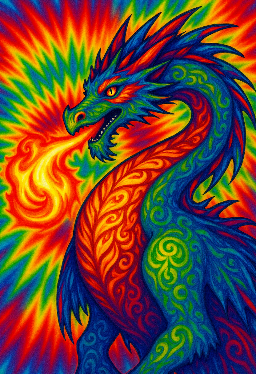 <lora:Tie_Dye_Style_FLUX-000015:0.9>
This is a vibrant, psychedelic digital drawing of a dragon breathing fire rendered in a swirling pattern reminiscent of tie-dye artwork.