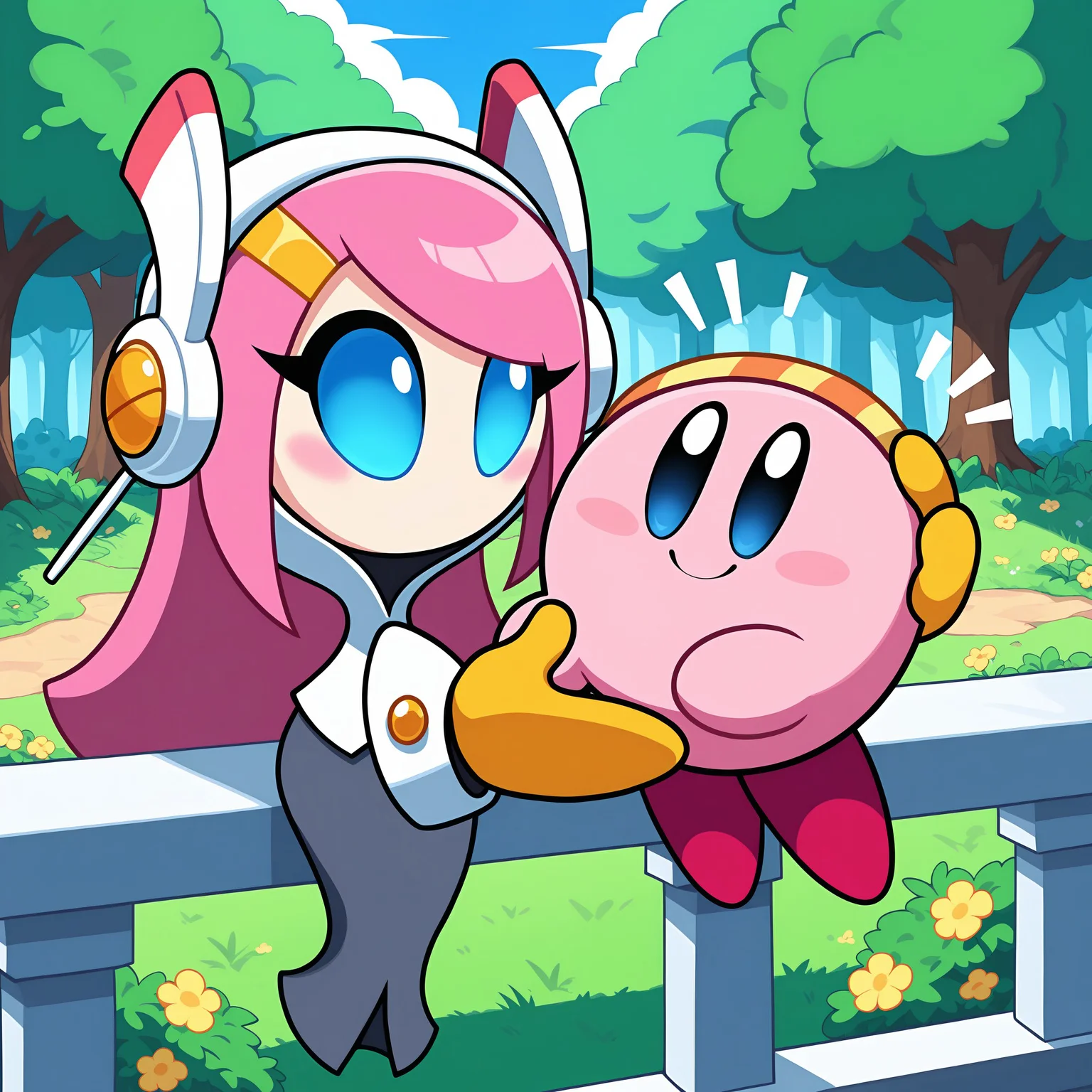 masterpiece, best quality, amazing quality, very detailed, newest, no humans, WnKrbSs, pink hair, pale skin, (floating hands, floating head), white shirt, headband, hood, gray skirt, yellow gloves, (duo), kirby, on balcony, whimsical, blue sky, sunny, nature, trees, meadows, flowers, ^^, happy, pink body, (holding kirby), 1girl, 1boy, height difference, close-up, blue eyes, colored sclera, smile, <lora:ba1328b4-66eb-4282-9436-0028ccf88215:0.9>