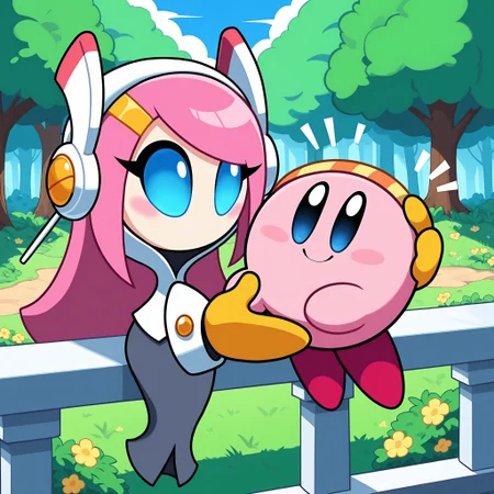 masterpiece, best quality, amazing quality, very detailed, newest, no humans, WnKrbSs, pink hair, pale skin, (floating hands, floating head), white shirt, headband, hood, gray skirt, yellow gloves, (duo), kirby, on balcony, whimsical, blue sky, sunny, nature, trees, meadows, flowers, ^^, happy, pink body, (holding kirby), 1girl, 1boy, height difference, close-up, blue eyes, colored sclera, smile, <lora:ba1328b4-66eb-4282-9436-0028ccf88215:0.9>