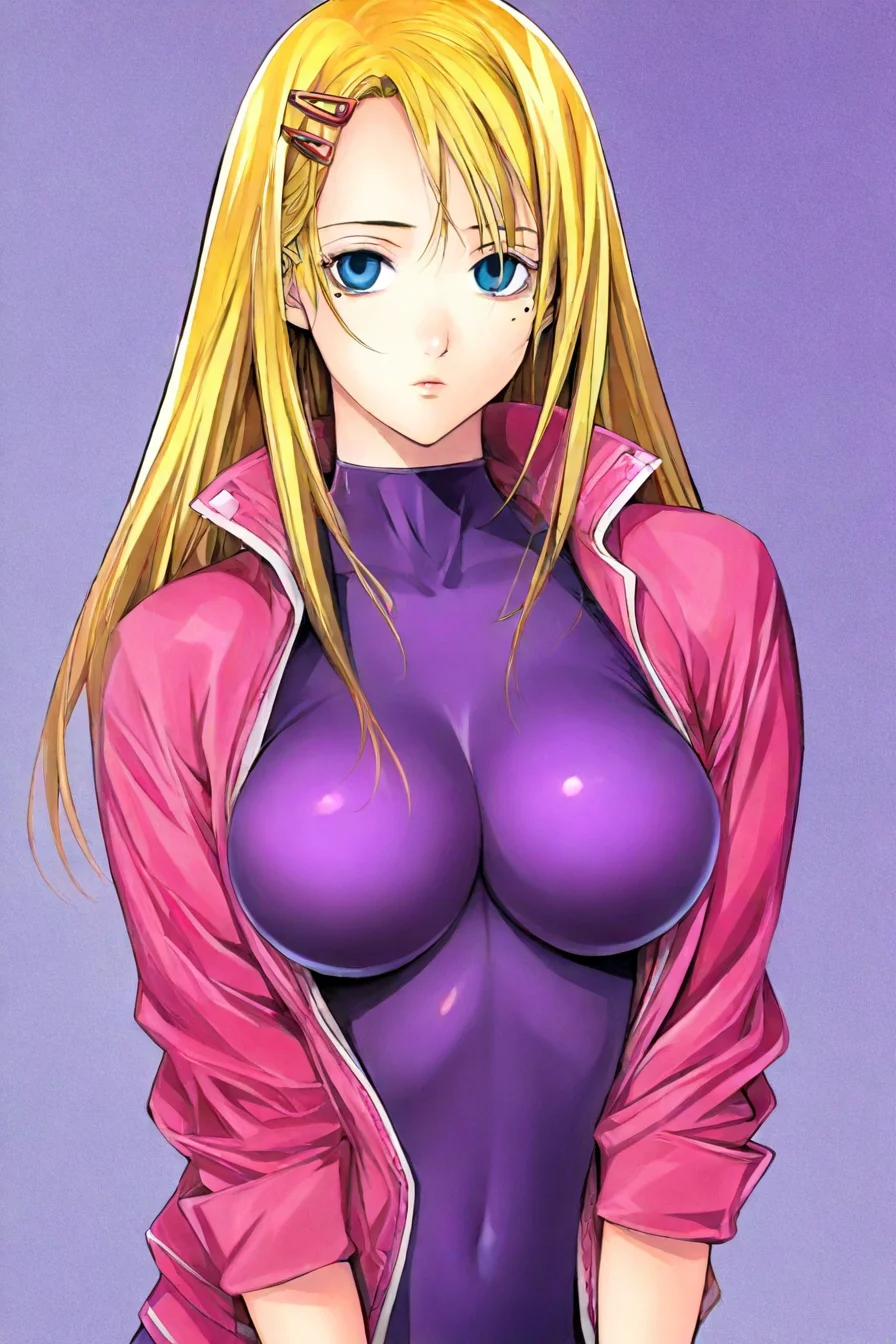<lora:Miu_Furinji-000006:0.7> , miu, (fuurinji miu:0.5), blonde hair, long hair, blue eyes, mole under right eyes, slim waist, large breast, pink jacket, purple bodysuit, hairclip, 1girl, solo, alone, <lora:oh_great_style_illustriousXL:1>, oh_great_style, masterpiece, highres