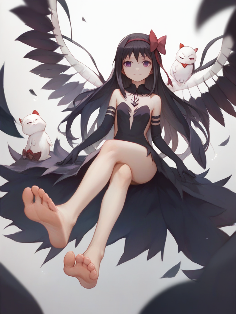 score_9,score_8_up,score_7_up, <lora:akuma_homura:1>ï¼dress, no shoes, black wings, stepping, feet, smile, soles, akemi homura, 1girl, black gloves, akuma homura, kyubey, bare shoulders, elbow gloves