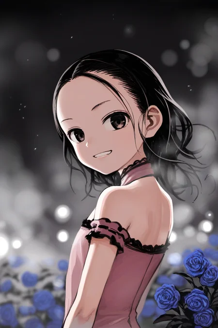 score_9, score_8_up, score_7_up, rating_safe BREAK
1girl, solo, pink and black theme, dark, upper body, side face, grin, parted lips, looking back, floating hair, pink dress, bare shoulders,(delicate and beautiful eye), forehead, flat chest, gothic fashion, blue rose, fog, fireflies, underlighting, bokeh, blurry background, strong visual impact, film lighting, from side