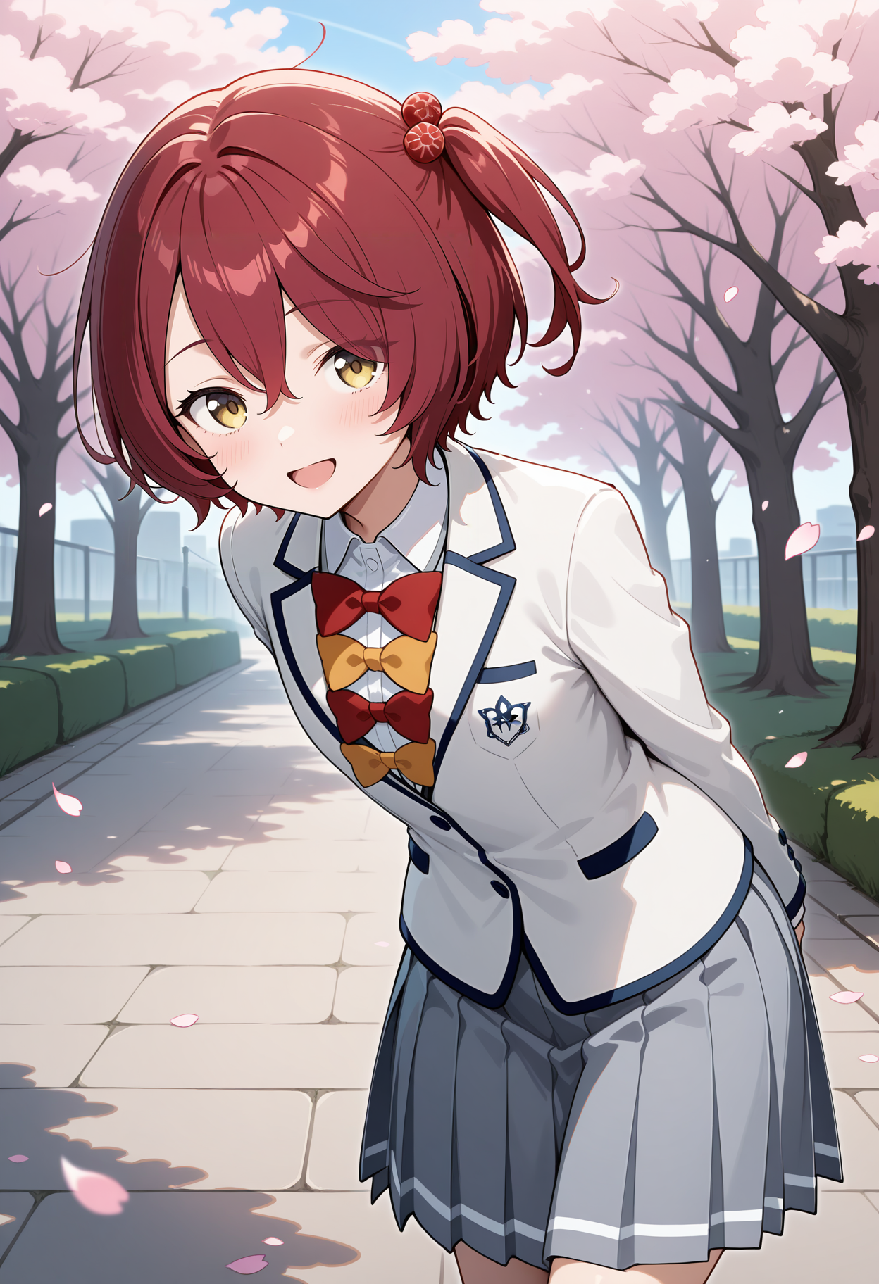aakomari, short hair, red hair, one side up, hair bobbles, school uniform, red bow, yellow bow, collared shirt, blazer, white jacket, long sleeves, pleated skirt, grey skirt, <lora:komari_chika_ilxl_v1:0.9>, solo, arms behind back, leaning forward, standing, outdoors, open mouth, cherry blossoms, smile, outdoors,
ultra-detailed, masterpiece, newest, best quality