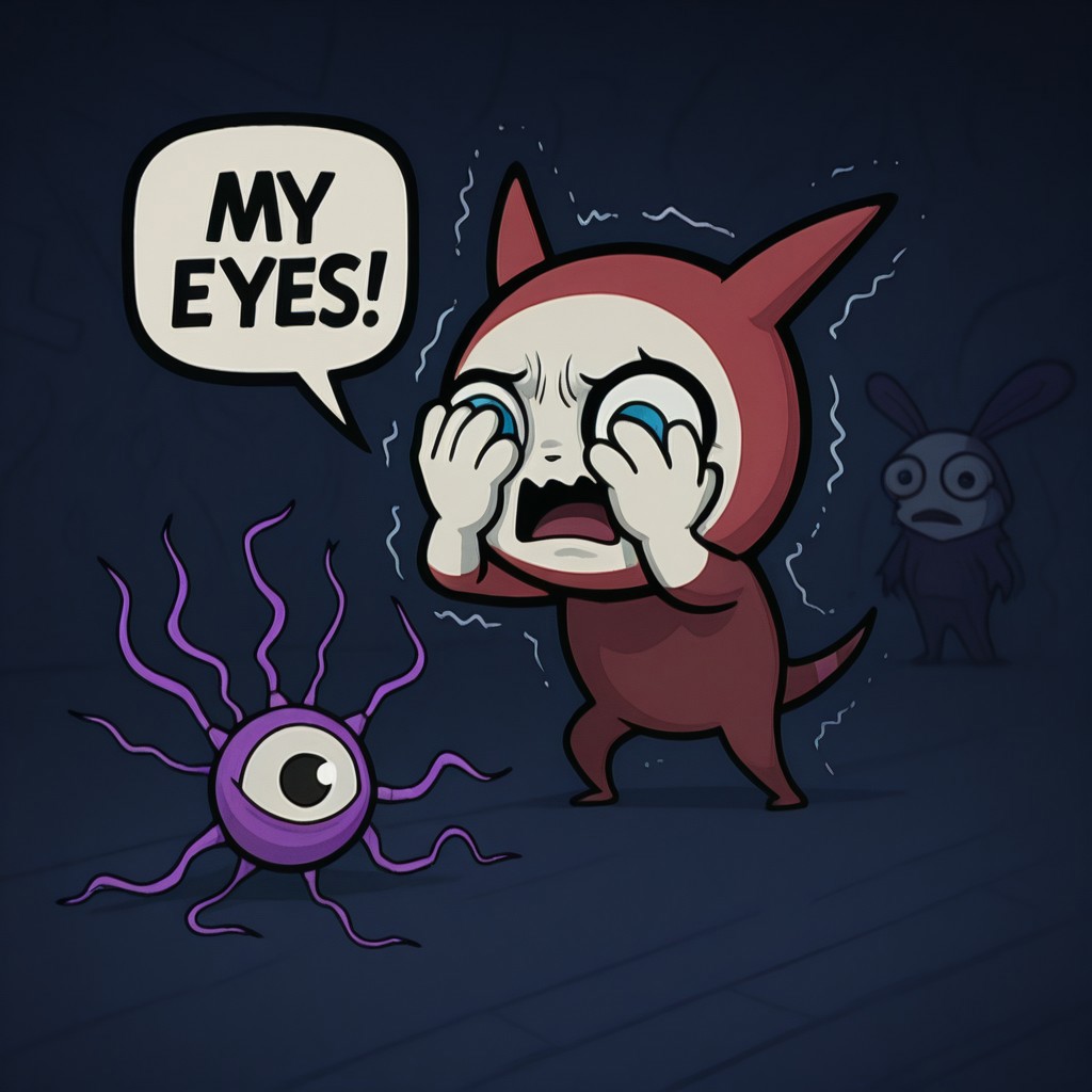 Eye Ball Creature, Chibi Style, Cutie Animation, High Quality, MY EYES!, speech bubble, covering eye with hands, Blue_Eye, Strain and Shaking, Eye Ball Guy, Masterpiece, Hypnotic 70s Background, invader_zim style
