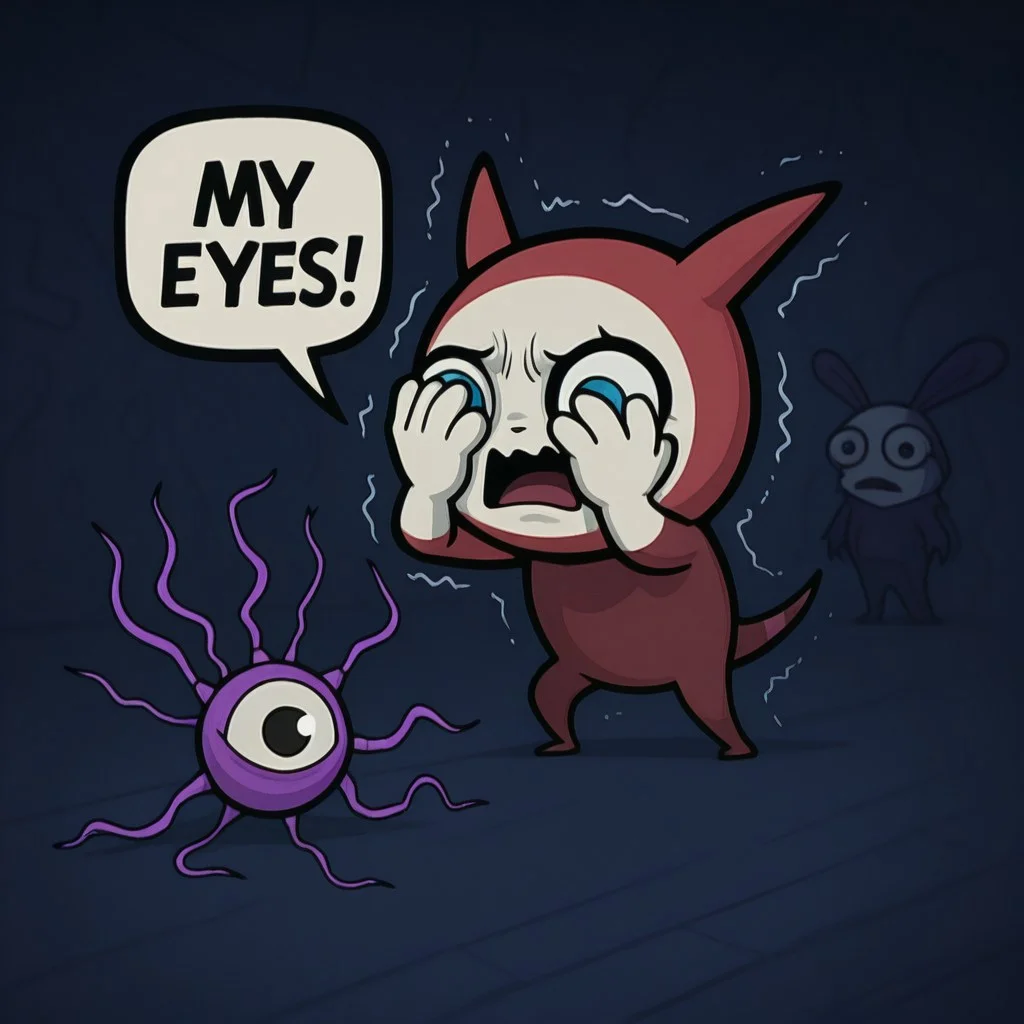 Eye Ball Creature, Chibi Style, Cutie Animation, High Quality, MY EYES!, speech bubble, covering eye with hands, Blue_Eye, Strain and Shaking, Eye Ball Guy, Masterpiece, Hypnotic 70s Background, invader_zim style