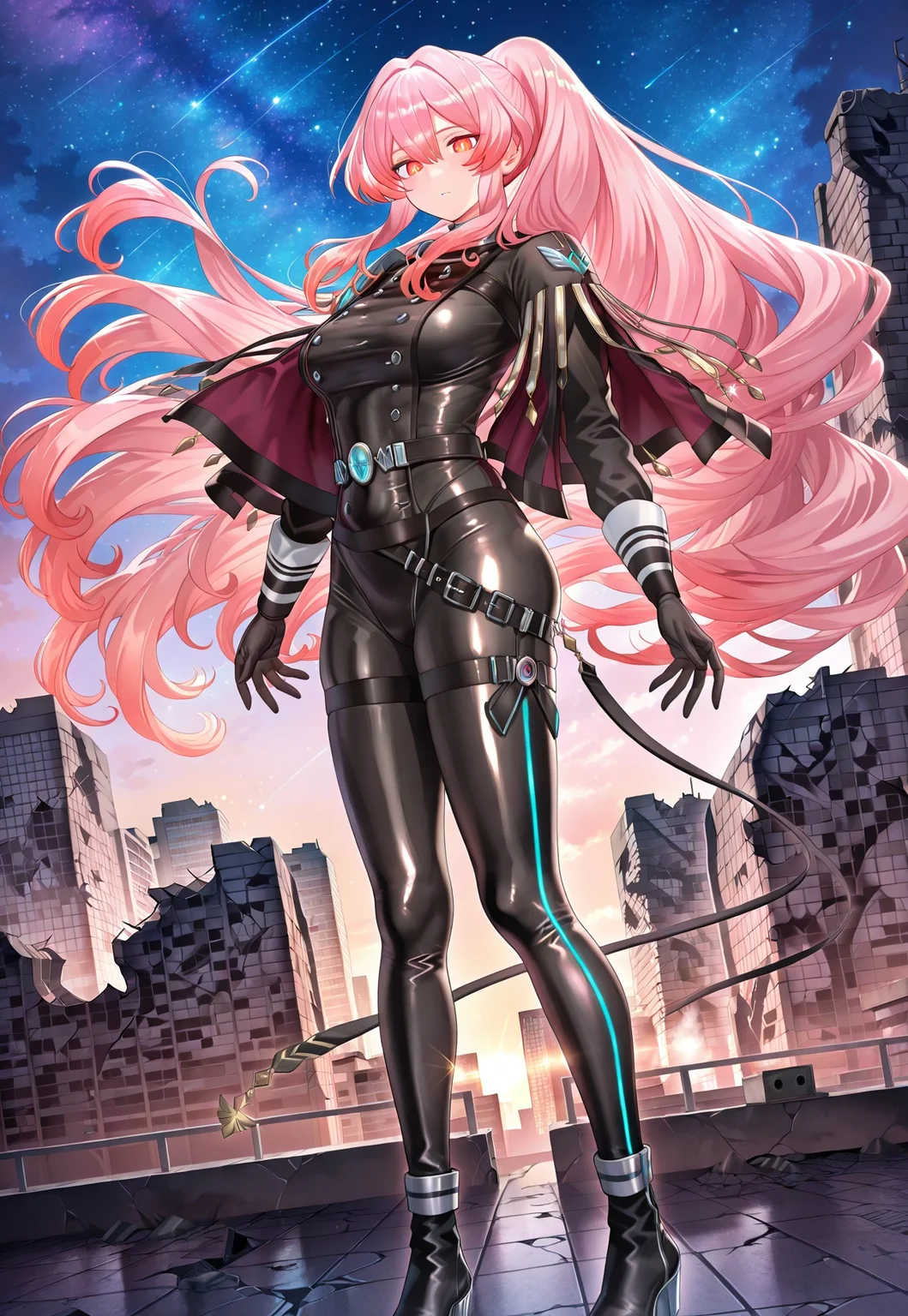 exosister martha,1girl,official art,solo,ruins,cityscape,looking at viewer,starry sky,large breasts,full body,outdoors,floating hair,standing,from side,
masterpiece,best quality,amazing quality,very aesthetic,absurdres,newest,<lora:Exosister Martha illusXL v1:0.7>,shiny clothes, bodysuit, black bodysuit, skin tight, neon trim,science fiction,