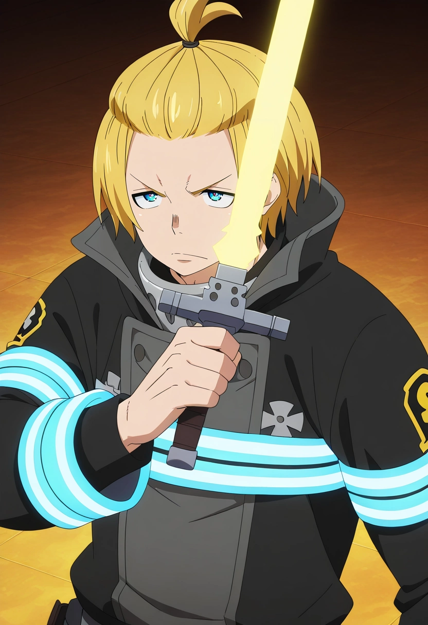 masterpiece, best quality, intricate details, anime screencap, anime coloring, official style,, 1boy, solo, male focus, <lora:arthur_boyle_ilxl:0.98>, arthur_boyle, blonde hair, blue eyes, short hair, bangs pinned back, topknot, , holding sword, energy sword, ,