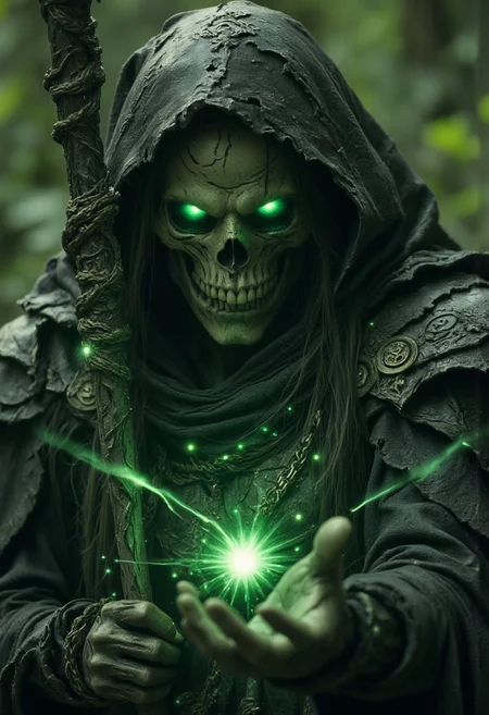 A terrifying skeleton mage, Extreme Upper Body Closeup Portrait, its hollow eye sockets glowing with eerie green light. The skeletal face is partially hidden by a ragged, dark hood, with ancient bones visible beneath. The color palette is dark and foreboding, with glowing green and black tones casting an unnatural glow. In its bony hand, the mage clutches a gnarled staff wrapped in glowing green runes, topped with a pulsating orb of dark, necrotic energy.
The mage’s cracked, decaying armor is adorned with jagged bone fragments and rusted chains, each piece etched with ancient symbols of death. Its other hand extends forward, fingers stretched as tendrils of green energy swirl from them, filling the air with dark magic. The scene is set in a cursed forest, shadows creeping in as the mage prepares to unleash a powerful necromantic spell, the glow from the runes on its staff pulsating in sync with its dark magic.