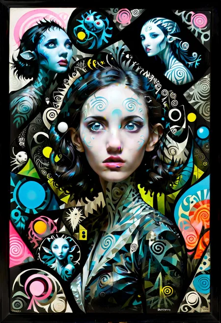 style of barry Mc gee.
Pans Labyrinth style creatures everywhere, with abstract, woman, art style, bioluminescent,girl face, modified with a mega creatures, gazing away, Apterus, Barry McGee, Frank Auerbach, neon silhouette contrast xarta
x-ray, deconstructed, abstract, surreal, mixed media, collage, outsider-art, avant-garde, punk style
• paintings, polygon, flat , bold color blocks and black lines