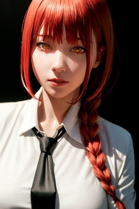 masterpiece, (photorealistic:1.4), best quality, beautiful lighting,
(ulzzang-6500:0.4), makima \(chainsaw man\), (red hair)+(long braided hair)+(bangs), yellow eyes, golden eyes, (ringed eyes), (white shirt), (necktie),
RAW photo, 8k uhd, film grain <lora:makimaChainsawMan_offset:1>