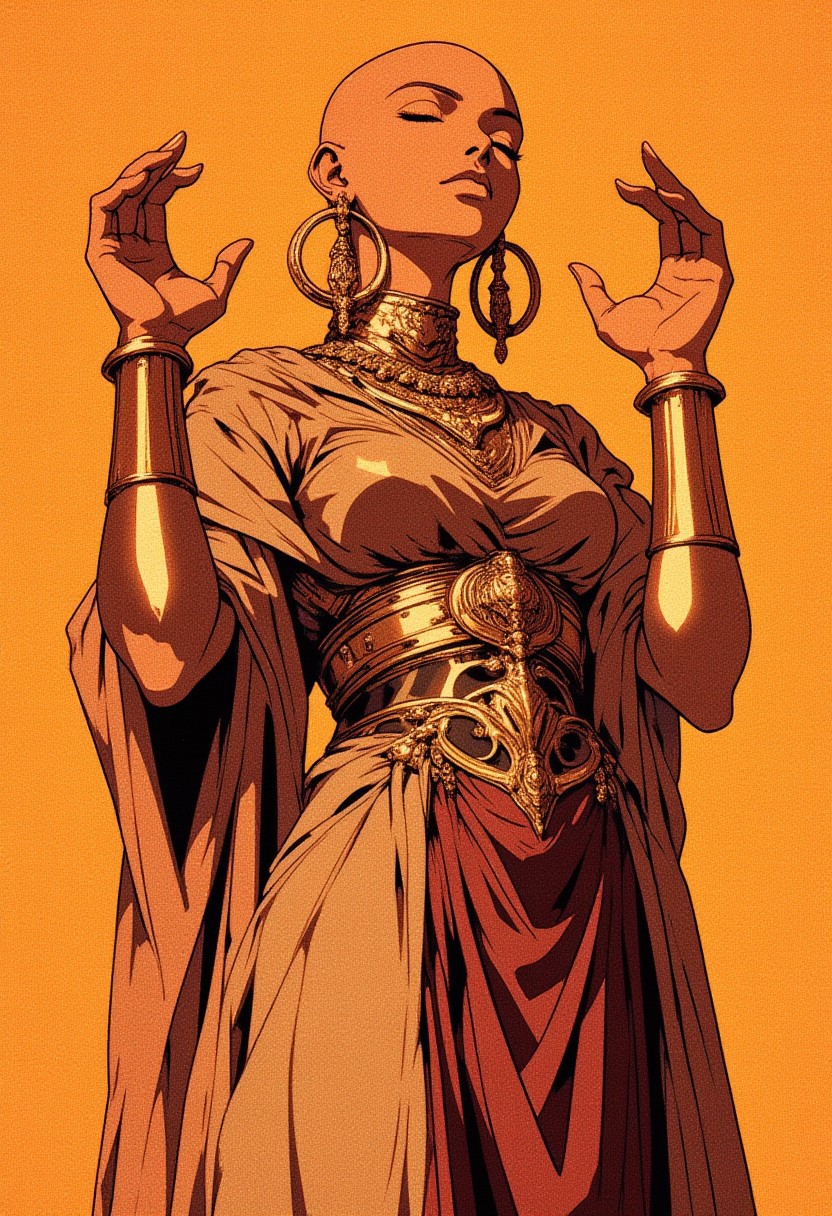 (This is a digitally created illustration in a high-contrast sepia palette) The subject is a female figure with smooth, polished caramel-toned skin, wearing an elaborate, high-fashion outfit infused with rich, earthy hues. Her head is bald, accentuating the bold aesthetic, and she wears large, round, copper earrings that dangle dramatically. Her closed eyes and serene expression evoke an air of quiet power. She is adorned in a long, flowing dress split down the middle, creating a striking contrast between the two halves. The left side shimmers with a burnished bronze, reflecting light like polished metal, while the right side is deep, textured mahogany, resembling finely woven fabric. The dress is adorned with intricate embellishments, including an ornate, antique gold brooch near the waist, adding a regal touch. Her hands, raised symmetrically with extended fingers and outward-facing palms, possess a lustrous brass-like sheen, appearing almost sculptural, seamlessly integrated into her ensemble. The background is a warm, ochre yellow, complementing the sepia tones while adding vibrancy, making the figure stand out in a harmonious blend of classic elegance and avant-garde fashion.