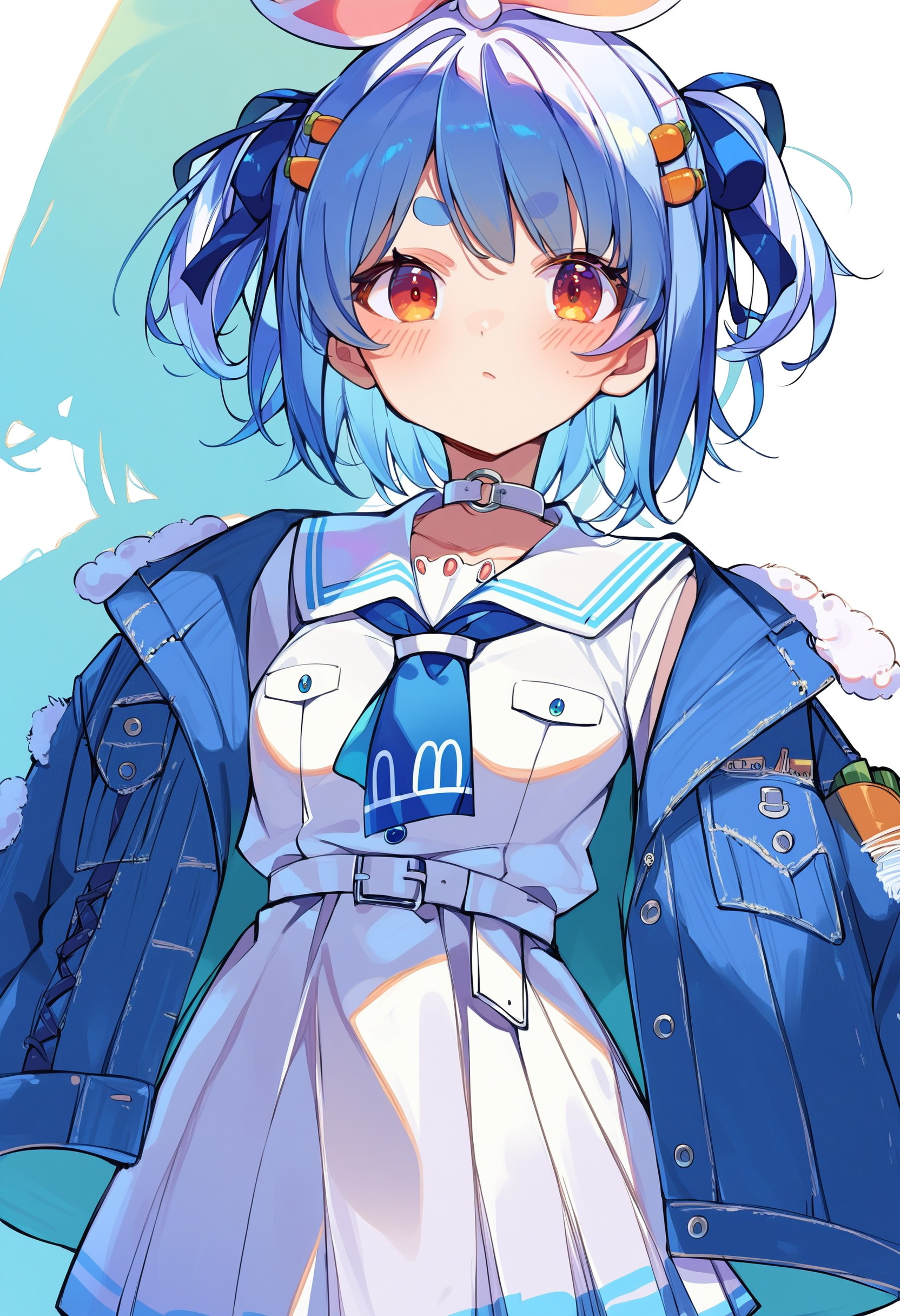 score_9, score_8_up, score_7_up, score_6_up, source anime,
usada pekora, usada pekora casual, fur-trimmed jacket, choker, denim jacket, open clothes, white belt, long sleeves, open jacket, sailor collar, blue neckerchief, pleated skirt, white sailor collar,
carrot hair ornament, thick eyebrows, rabbit ears,
official alternate hairstyle, short hair, hair ribbon, two side up, 
blush, looking at viewer, cowboy shot, 
<lora:usada_pekora_v1:1>