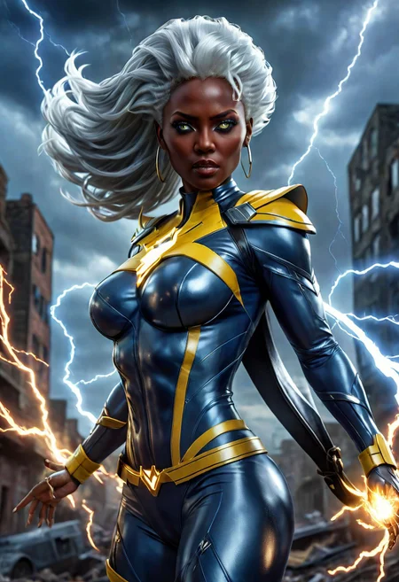 UltUltra detailed digital art masterpiece, Hyperdetailed, hyperrealism, extremely high resolution of Beautiful black Superheroine Ororo Munroe as Storm, Greg Rutkowski style, stands in a bloody, sinister battle in the streets of a ruined city, Realistic black eyes, wavy grey hair, Intricately designed blue and yellow X-Men Superheroine combat costume with X logo, Marvel, X-Men, 8K, deep color, Cinematic Lighting, intricate smooth, sharp focus digital painting, Artgerm, WLOP, Greg Rutkowski, Beautiful 21 years old Ororo Munroe as Storm, Intricately Designed handsome black face, Marvel comics, Realistic combat dirty clothing, perfect whole athletic body, defiant and seductive, Photograph Taken on Nikon D750, Intricate Elegant, Digital Illustration, Scenic, Unreal Engine, CryEngine, Octane Render, 8k, Designed combat clothes, Attractive, Attractive black woman, dramatic lighting, wet and sweaty skin, beautiful firm Breasts, Daylight, Concept art by Greg Rutkowski, adding to the intense and dynamic atmosphere of the scene