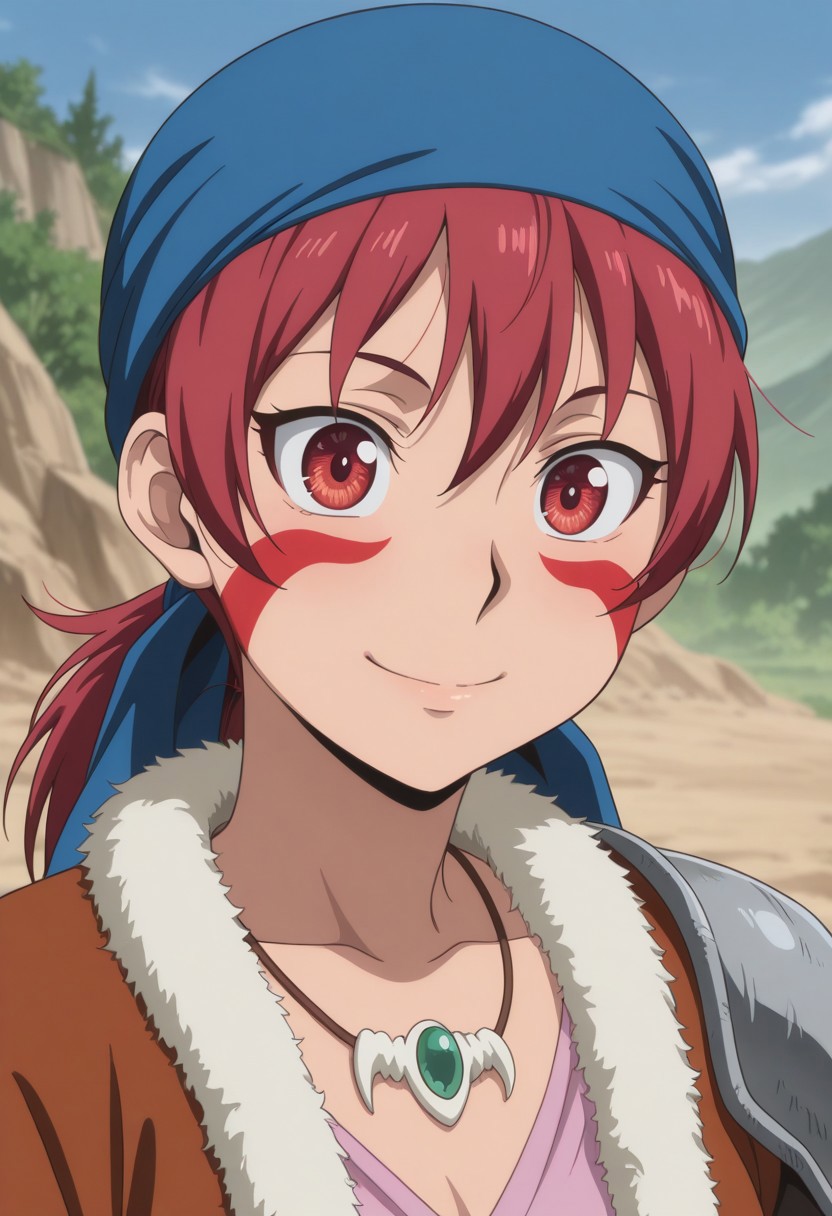 masterpiece,best quality,amazing quality, source_anime, 
alfarid, 1girl, solo, facepaint, red eyes, red hair, blue bandana, necklace, pink shirt, brown jacket, fur trim, shoulder armor, outdoor, smile, portrait,