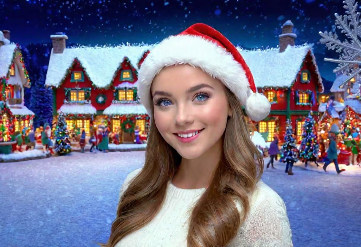 (((masterpiece))), ((Snowy Christmas scene in santas toy making  village  with beautiful girl facing the camera with iridescent blue eyes)), medium shot, background:snowy christmas scene, ((beautiful mansions and christmas lights lit up around the toy making village)), (people smiling and walking around town enjoying the Christmas spirit), complex 3d render, intricate reflections, ultra-detailed, HDR, Hyperrealism, Panasonic Lumix s pro 50mm, 8K, octane rendering, raytracing, (((professional photography))), high definition, photorealism, hyper-realistic, bokeh, depth of field, dynamically backlit,  studio, vibrant details, ((professional Color grading)), photorealistic ,detailmaster2,photorealistic, sharp edges,  sharp focus <lora:locon_perfecteyes_v1_from_v1_64_32:1> <lora:more_details:1>