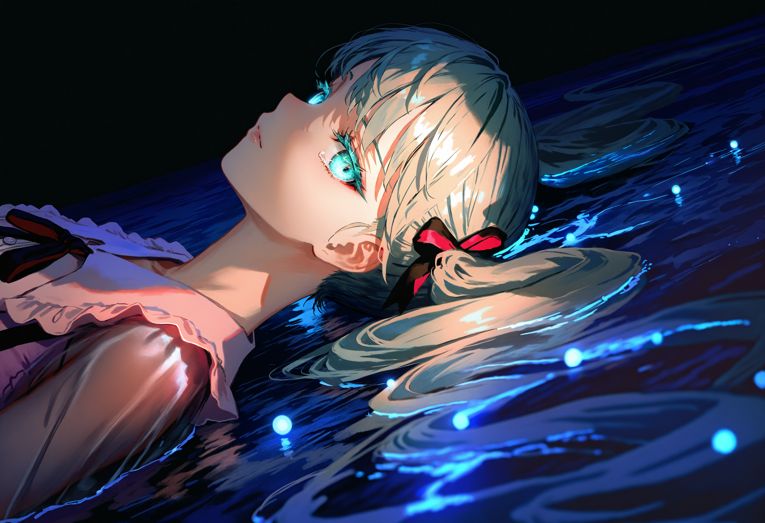 by lack|fuzichoco|lam|kinta \(distortion\)|wlop|quasarcake|nixeu,
dark theme, black background, bioluminescence, phytoplankton, ocean, waves, scenery, 1girl, partially submerged, aqua eyes, cyan glow, glowing, glowing eyes, see-through shirt, crying with eyes open, looking at viewer, expressionless, colored eyelashes, jirai kei, hatsune miku, twintails, on back, from side, 
masterpiece, best quality, very aesthetic, absurdres
<lora:illustrious_noobai_epsilon_pred_1_masterpieces_v1:1>
<lora:illustrious_noobai_epsilon_pred_1_best_quality_v1:1>
