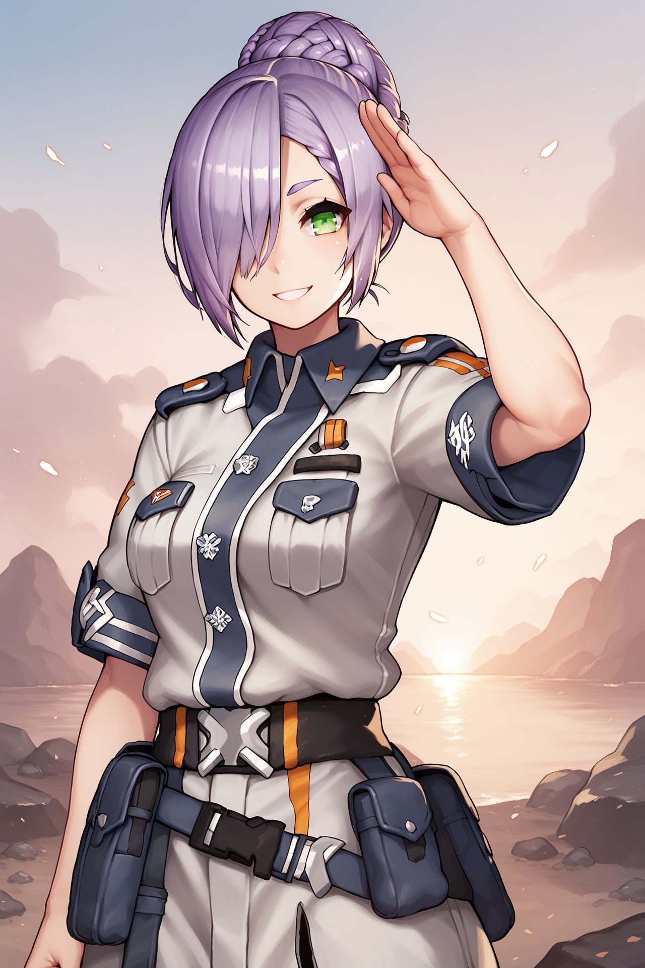 score_9, score_8_up, score_7_up, 1girl, salute, kind smile, purple hair, hair over one eye, braided bun, light green eyes, breasts, silver clothes, dim light, outdoors <lora:nidy-2d-_PonyXL_style_v02:1>