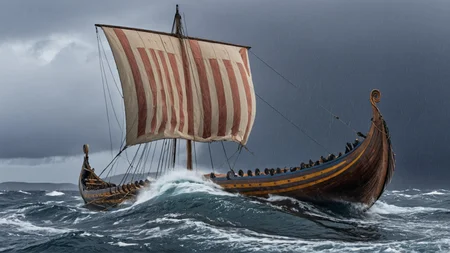 top-down view of a Viking ship with a striped sail on a rough ocean, round shields on the side, sea spray, St Elmo's Fire, chiaroscuro, dark stormy sky, torrential rain. Many seagulls. <lora:Viking_Ship:1>