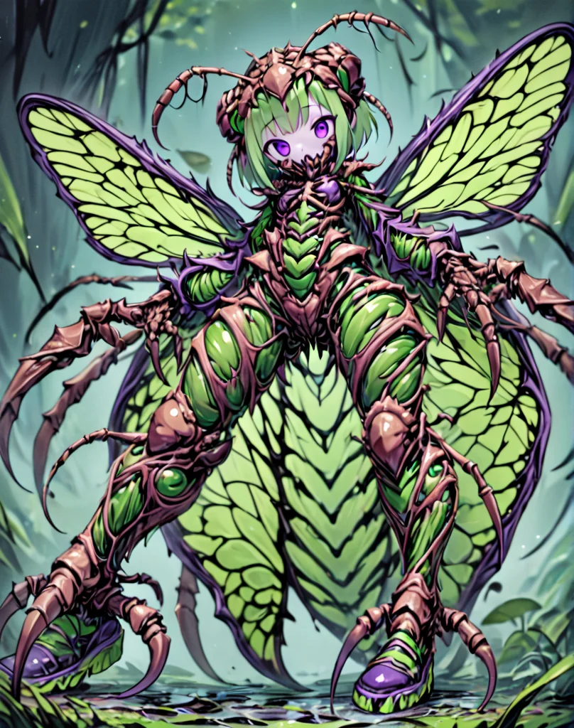 monsterworld, masterpiece,high resolution,detail, <lora:monster_world:0.8>
1girl, purple eyes, solo, arthropod girl,looking at viewer, full body, insect wings, green colors, insect body, humanoid