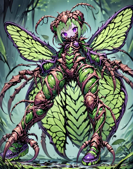 monsterworld, masterpiece,high resolution,detail, <lora:monster_world:0.8>
1girl, purple eyes, solo, arthropod girl,looking at viewer, full body, insect wings, green colors, insect body, humanoid