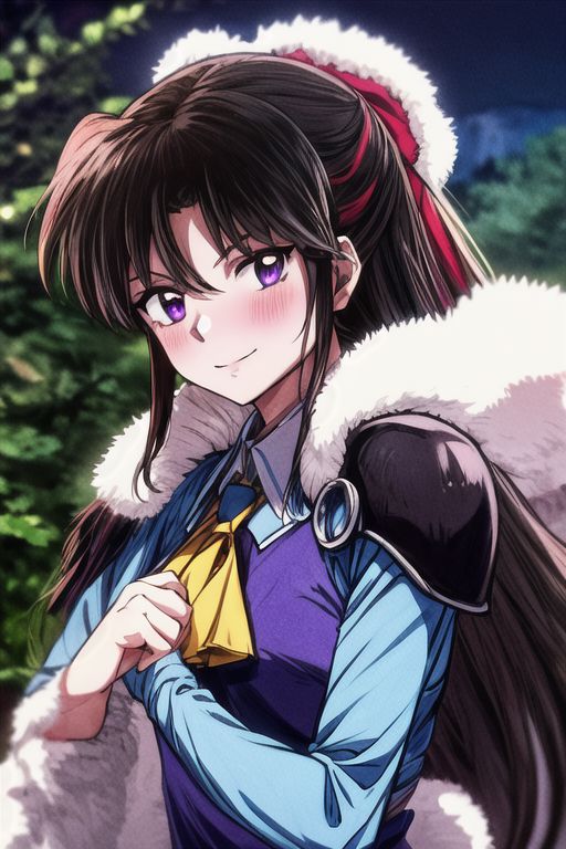 masterpiece,  best quality 1girl Setsun4 solo long hair,  (night time) forest background black hair very long hair purple eyes multicolored hair armor (fur trim) (medium body),<lora:EMS-179-EMS:0.800000>,<lora:EMS-293862-EMS:0.800000> bow, hair_bow, hair_tubes, red_bow, brown_hair, long_hair, bangs, ascot, frilled_bow, yellow_ascot, blush, smile, hair_between_eyes, athletic, armor