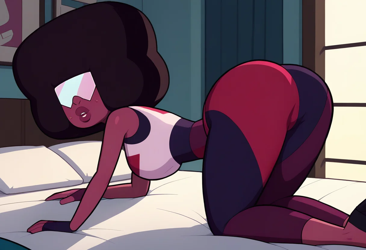 score_9, score_8_up, score_7_up,score_6_up, source_cartoon,bedroom, bed,from side, all fours, 
BREAK
 g4rnet, 1girl, solo,colored skin, purple skin, two-tone pants, glasses, afro, gloves, in heat, pursed lips,wide hips,narrow waist,  <lora:garnet-08:0.8>